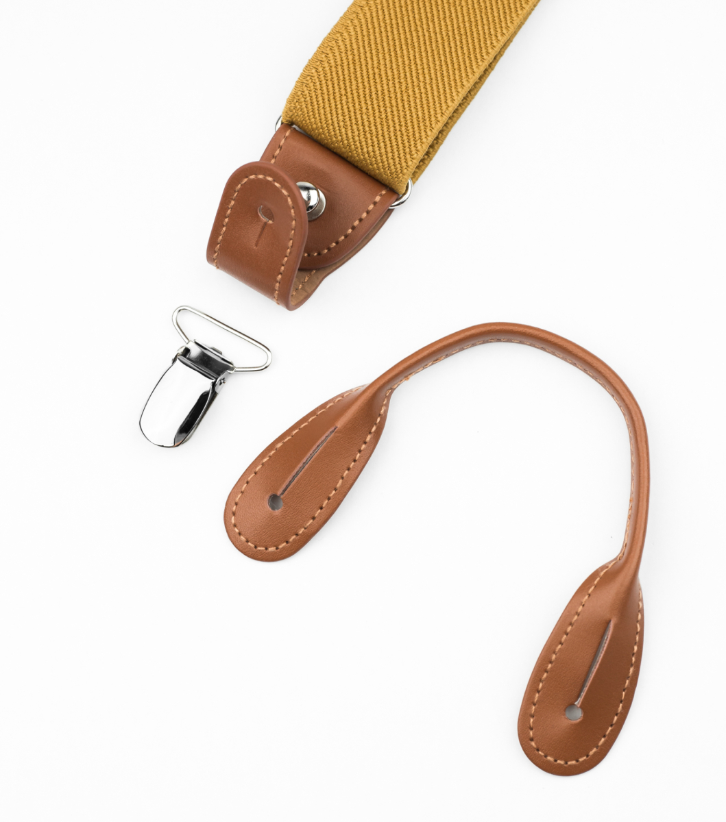 Mustard Yellow Suspenders for Men, Brown Leather Button Tab and