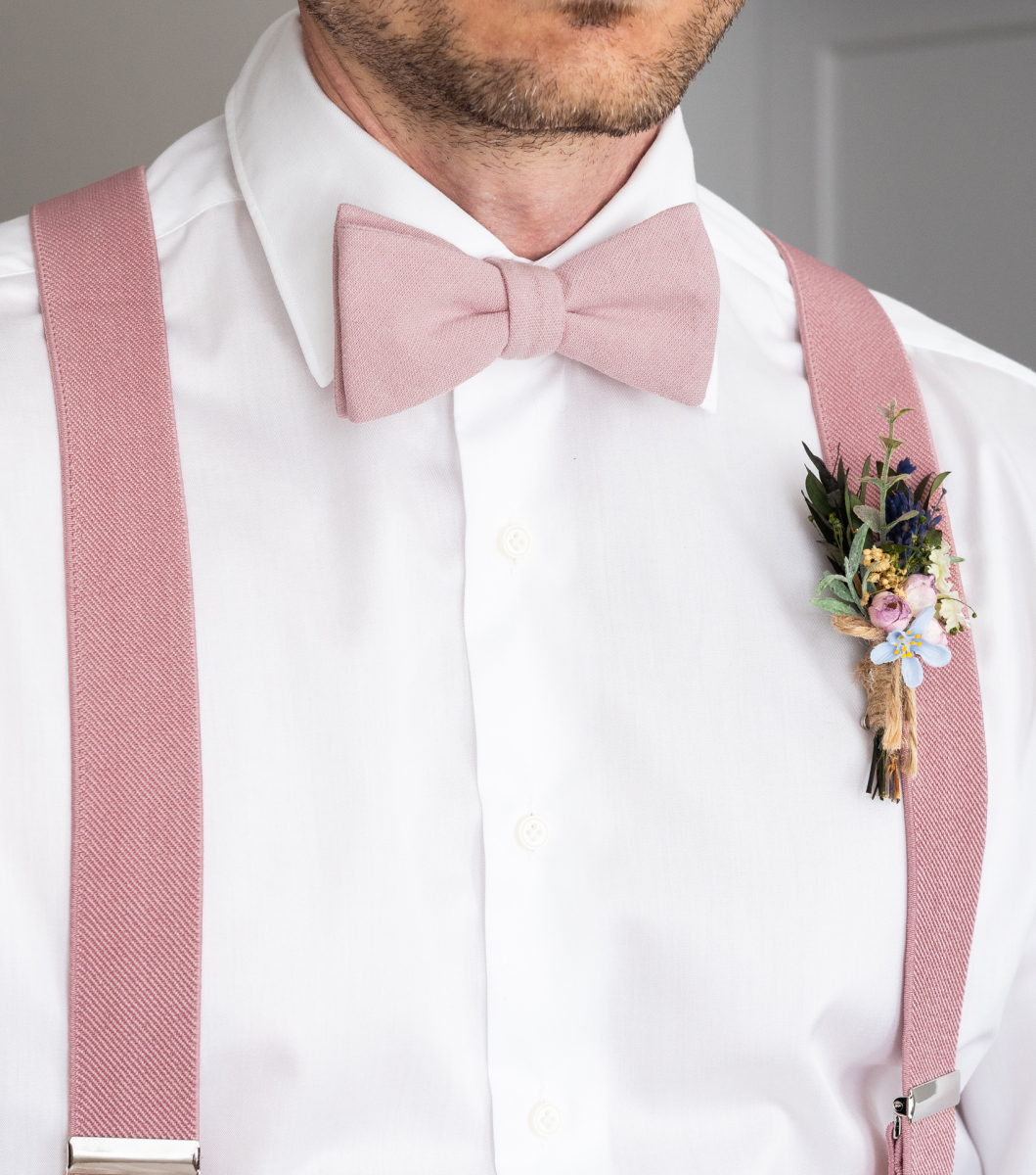 blush pink suspenders and bow tie