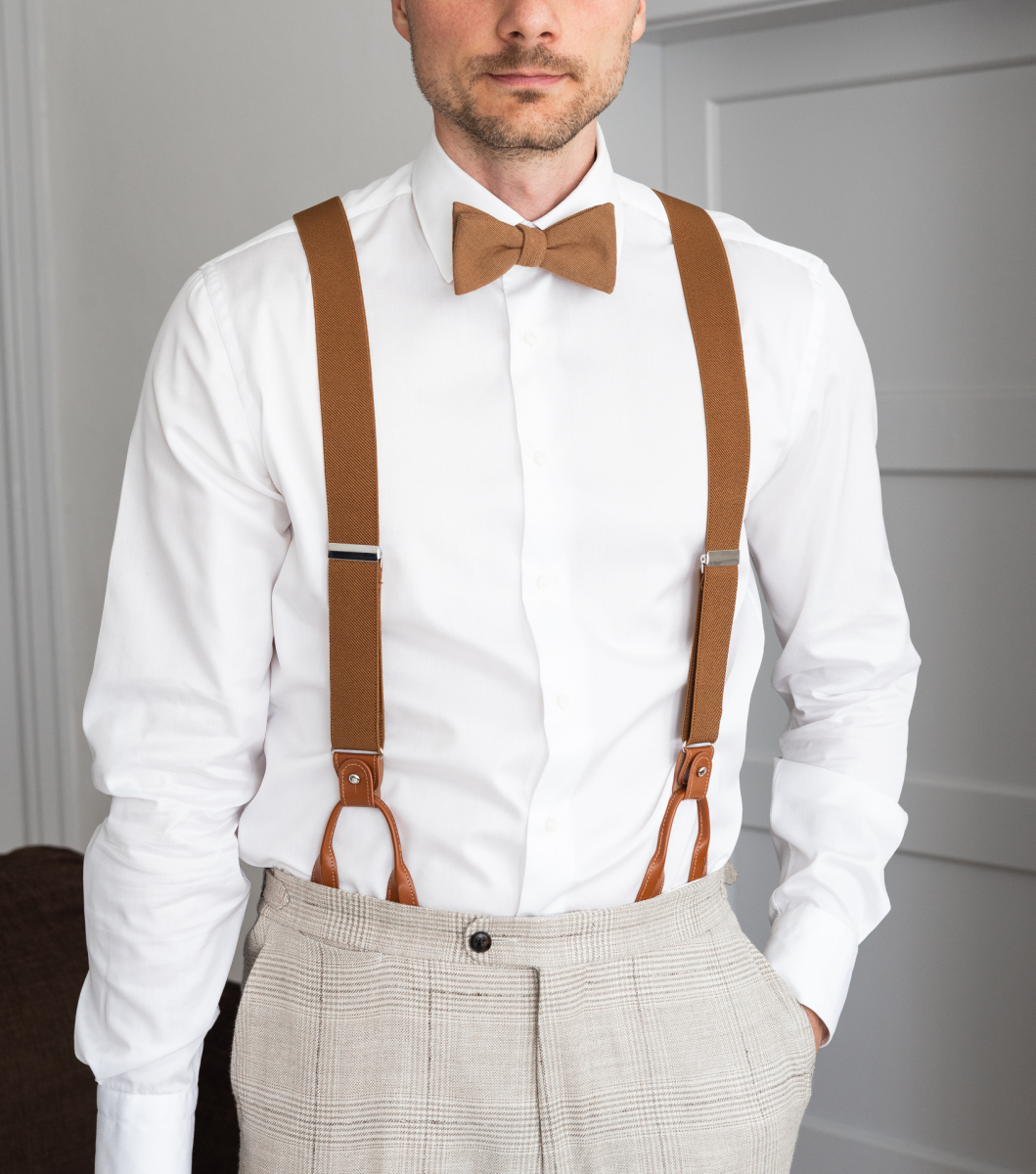 Handmade Men's Tan Brown Cotton Bow Tie, Suspenders & Pocket Square Set – Classic Style, Made In Australia 2 thumbnail image