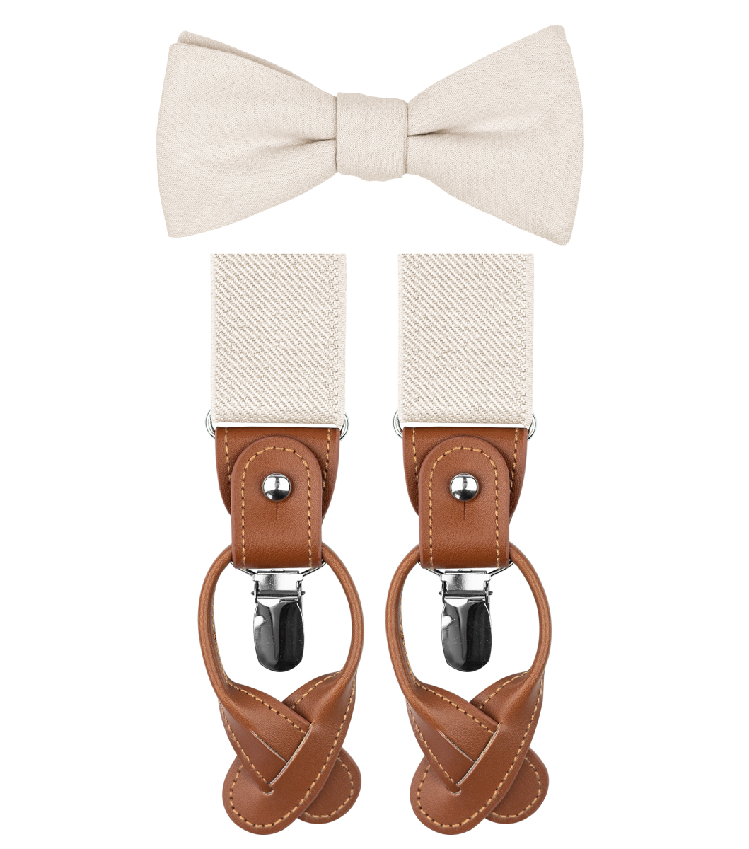 beige bow tie and suspenders
