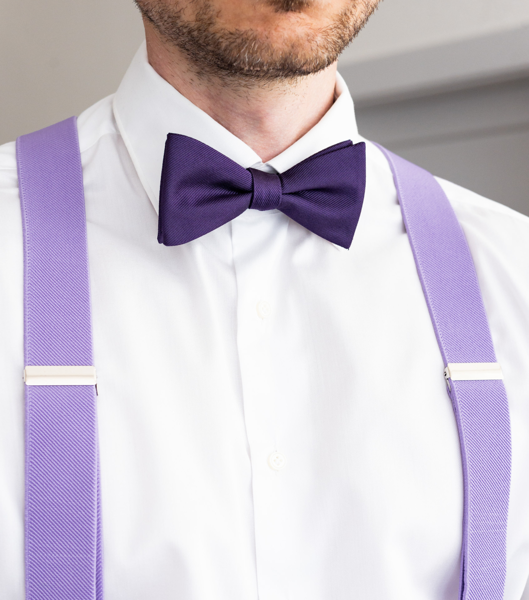 dark purple bow tie and suspenders