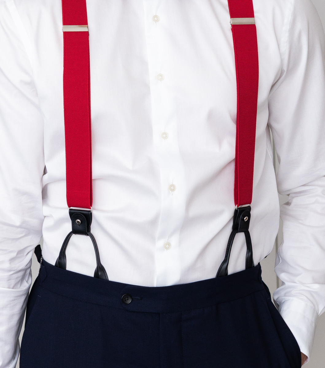 black dress shirt with red suspenders Black suspenders with red tie! Good choice