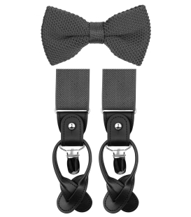 Grey knitted bow tie and suspenders set