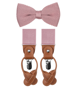 Pink knitted bow tie and suspenders set