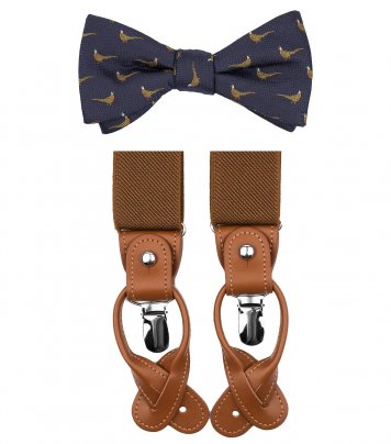 Pheasant bow tie suspenders set