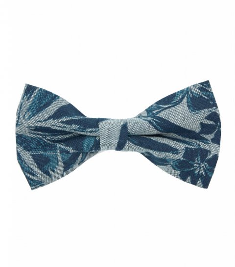 Blue denim floral pre-tied bow tie 