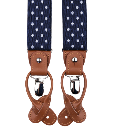 Navy blue suspenders with white dots and brown loops 