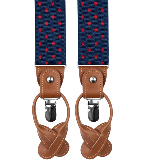 Navy blue suspenders with red dots and brown loops 