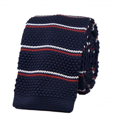 Navy blue knitted tricolor tie 