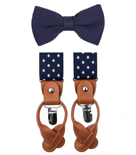 Navy knitted bow tie and suspenders set 