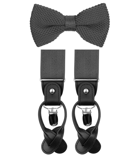 Grey knitted bow tie and suspenders set 