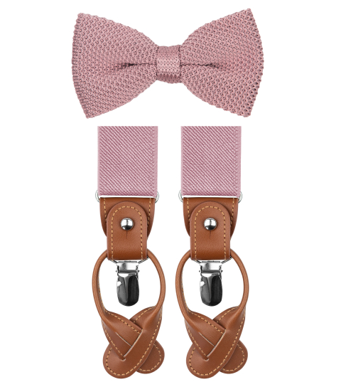 Pink knitted bow tie and suspenders set 