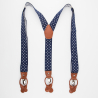 Navy blue suspenders with white dots and brown loops