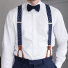 Navy blue suspenders with white dots and brown loops