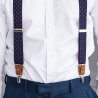 Navy blue suspenders with red dots and brown loops