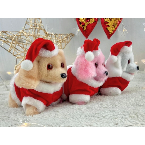 Sétáló és ugató kutyus karácsonyi ruhában