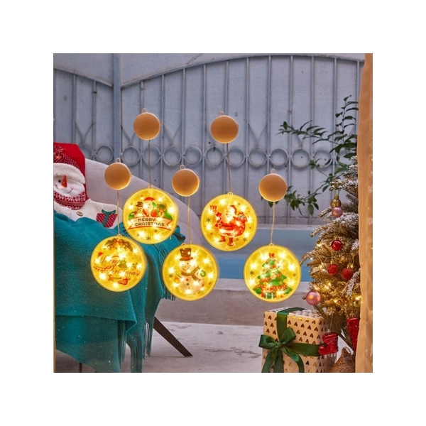 Karácsonyi dekoráció ablakra LED-es kerek ólomüveg-hatású Mikulás, elemekkel