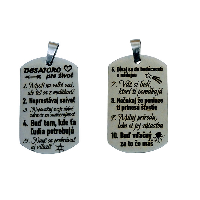 Nerezový prívesok Tag - "Desatoro pre život" Slovenská verzia