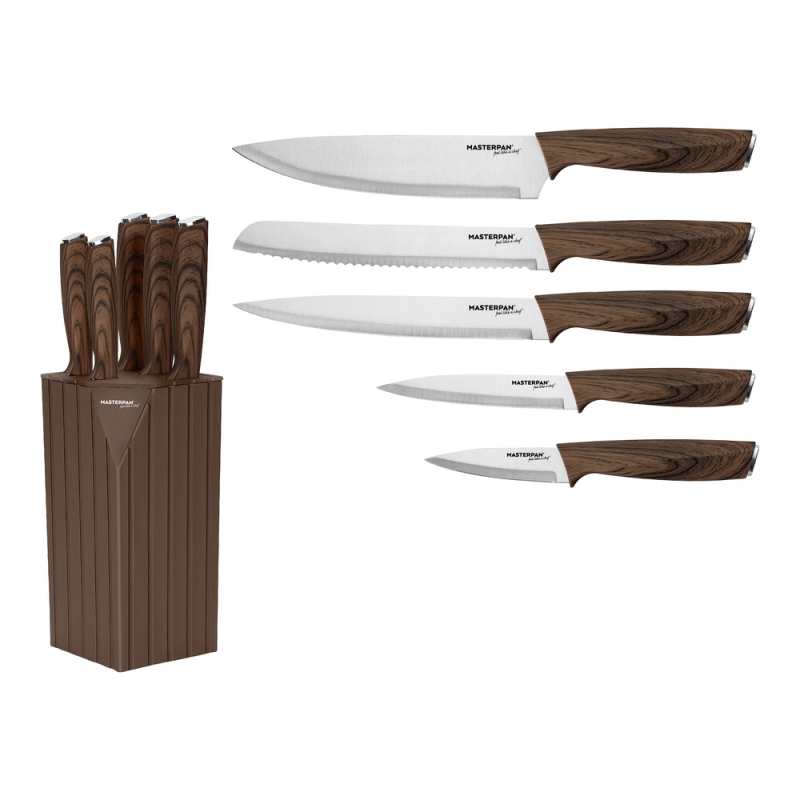 Masterpan MP-6011 Sada kuchynských nožov s dreveným dekorom a stojanom – 6-dielna