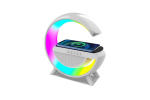 Többfunkciós Bluetooth hangszóró RGB LED lámpával és QI vezeték nélküli indukciós töltővel, fehér színű