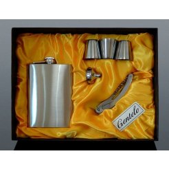 Nerezová placatka 240 ml + 3x pohárek, nálevka a otvírák