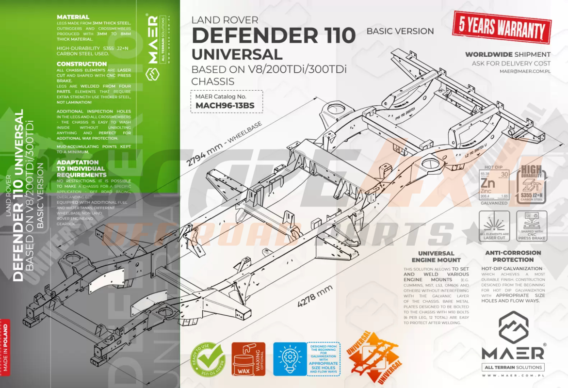 Frame for unoriginal engines Land Rover Defender 110 V8/200TDi/300TDi ...