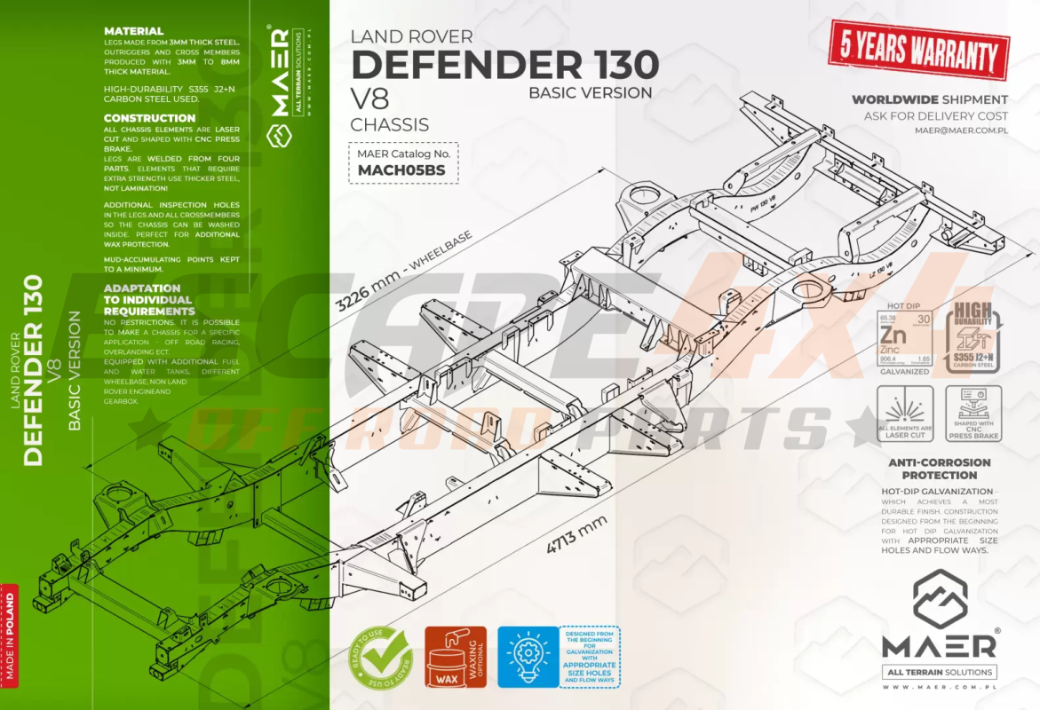 Performance Land Rover Defender Frame Frame Basic Land Rover Defender 130 V8 | Escape4x4.eu