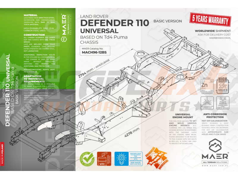Frame for unoriginal engines Land Rover Defender 110 Td4 Puma ...