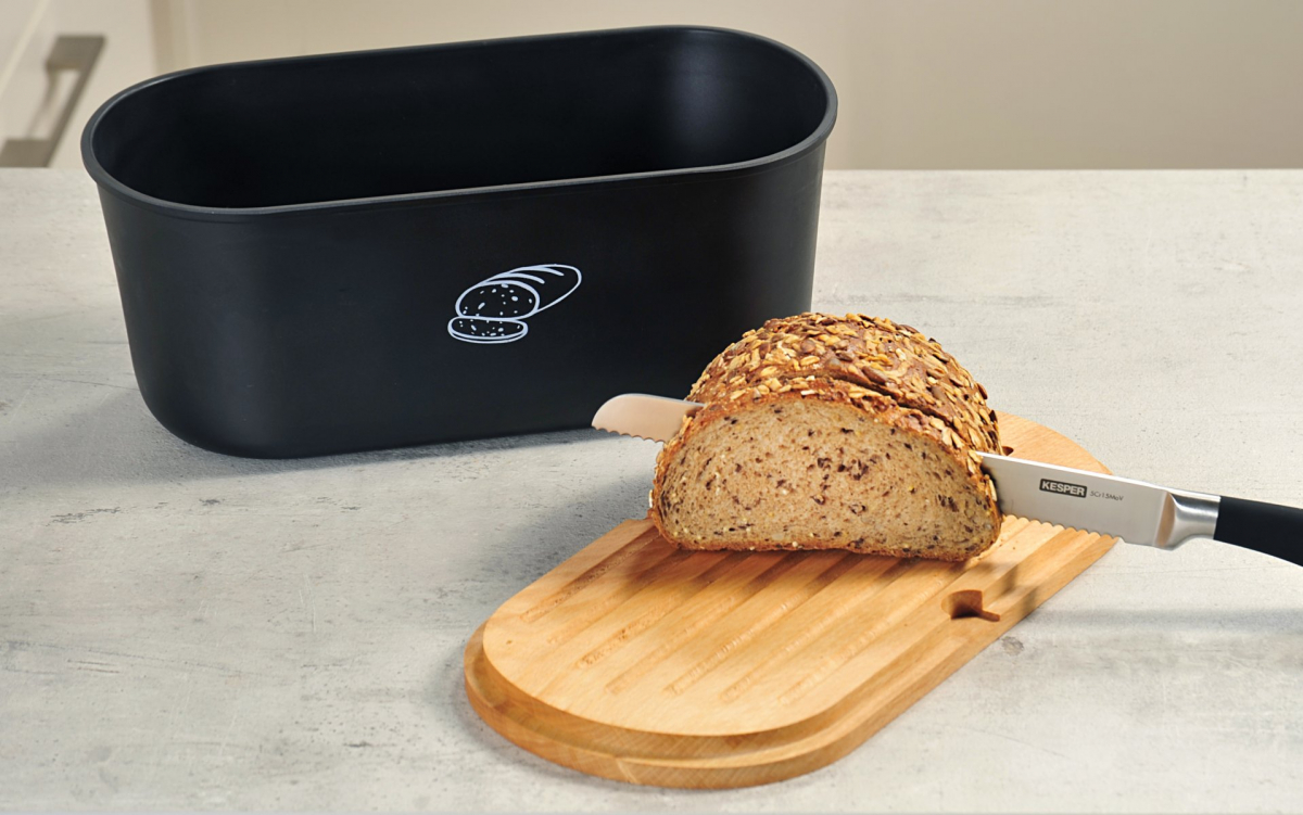 Úložný box na chléb s prkénkem, černý matný