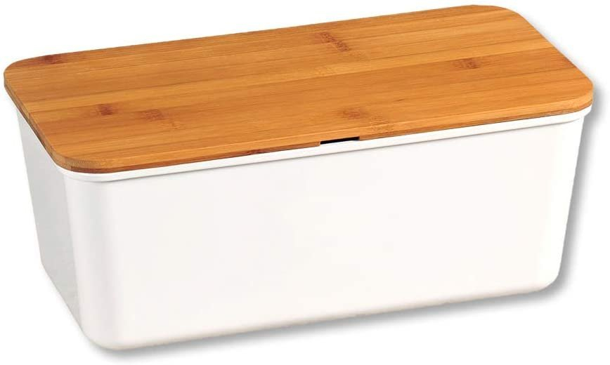 Úložný box na chléb s prkénkem z bambusu, bílý, 36 x 20 x 14 cm
