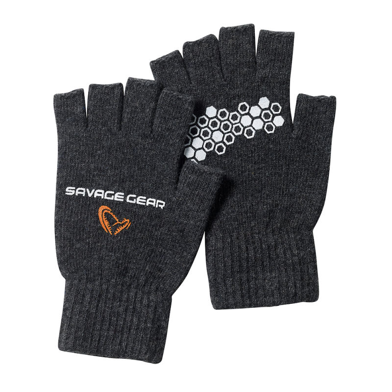 Savage Gear - Rukavice Knitted Hlaf Finger Glove Dark Grey Melange vel. L