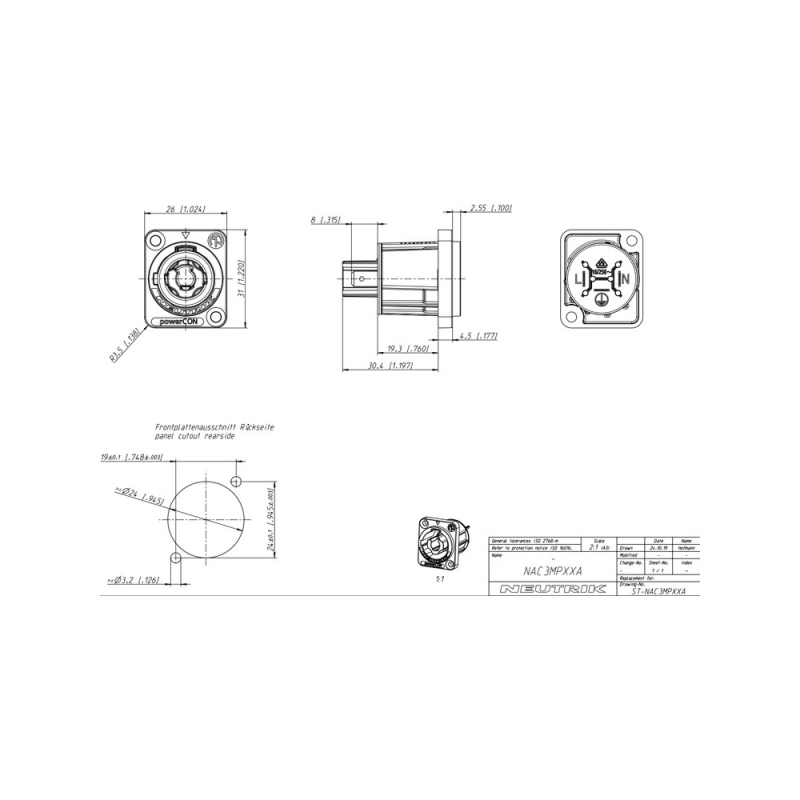 Neutrik NAC3MPXXA Powercon na panel ONA Harfa com Hudební nástroje