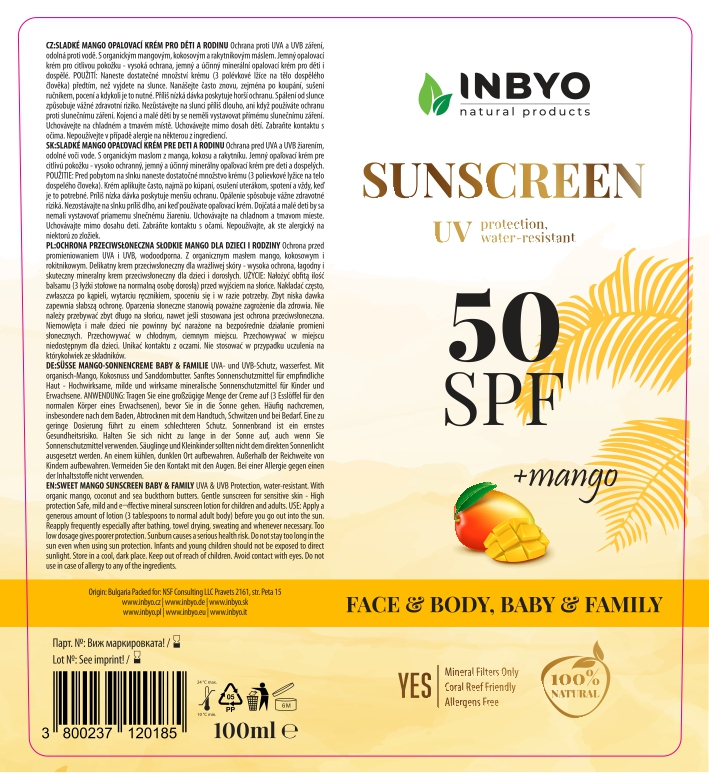 Солнцезащитный крем для лица и тела Inbyo SPF 50 для детей и взрослых, с манго, 100 мл — фото 2