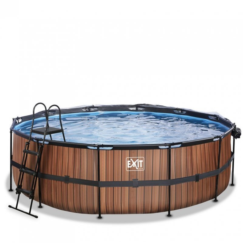 Bazén Exit ø457 x 122 cm s pískovou filtrací, krytem a tepelným čerpadlem 2,5 kW, barva hnědá, dřevo