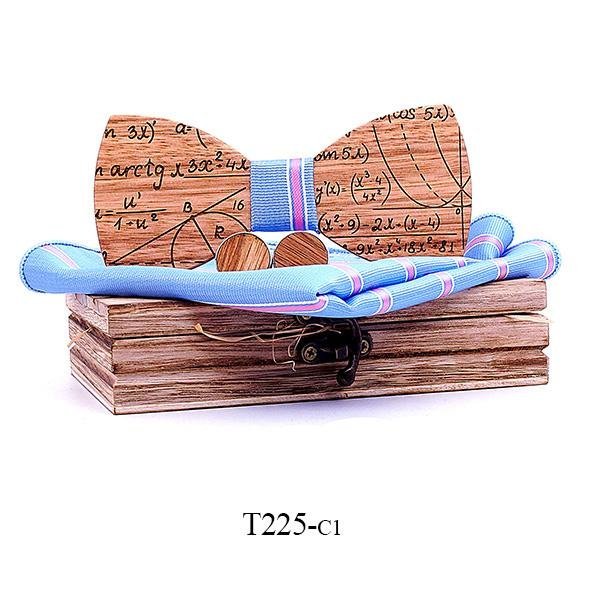 Mahoosive Dřevěný motýlek s kapesníčkem a manžetovými knoflíčky T225