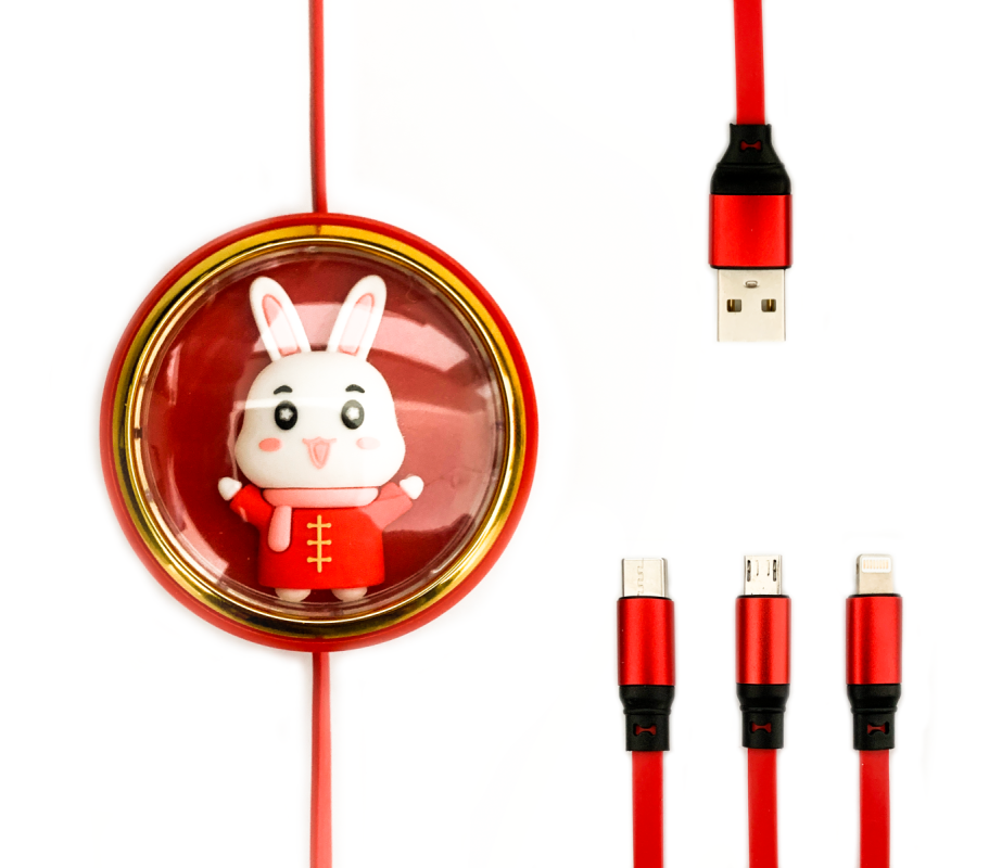 Roztahovací USB kabel 3v1 s microUSB, Type-c a Lightning konektorem, s motivem, 1,2 metrů