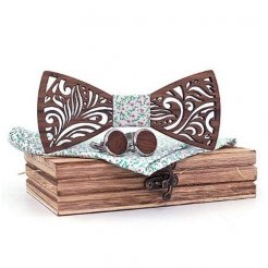 Mahoosive Dřevěný motýlek s kapesníčkem a manžetovými knoflíčky T205