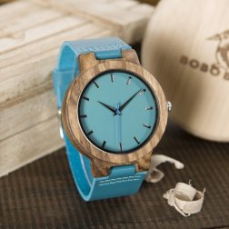 Dřevěné hodinky BOBO BIRD Blue Leather Strap Lovers' Quartz WristwatchTimepieces Herrenuhr WC28