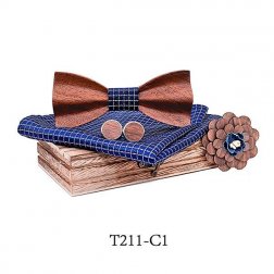 Mahoosive Dřevěný motýlek s kapesníčkem a manžetovými knoflíčky T211