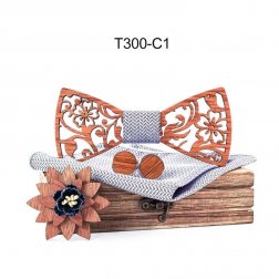 Mahoosive Dřevěný motýlek s kapesníčkem a manžetovými knoflíčky T300