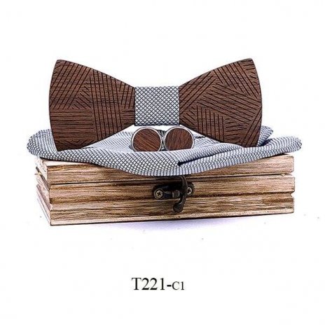 Mahoosive Dřevěný motýlek s kapesníčkem a manžetovými knoflíčky T221 