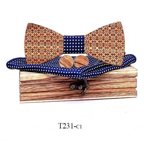 Mahoosive Dřevěný motýlek s kapesníčkem a manžetovými knoflíčky T231 