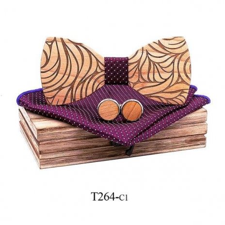Mahoosive Dřevěný motýlek s kapesníčkem a manžetovými knoflíčky T264 