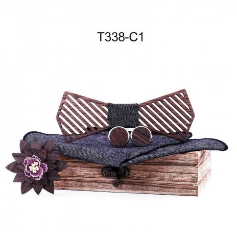 Mahoosive Dřevěný motýlek s kapesníčkem a manžetovými knoflíčky T338 