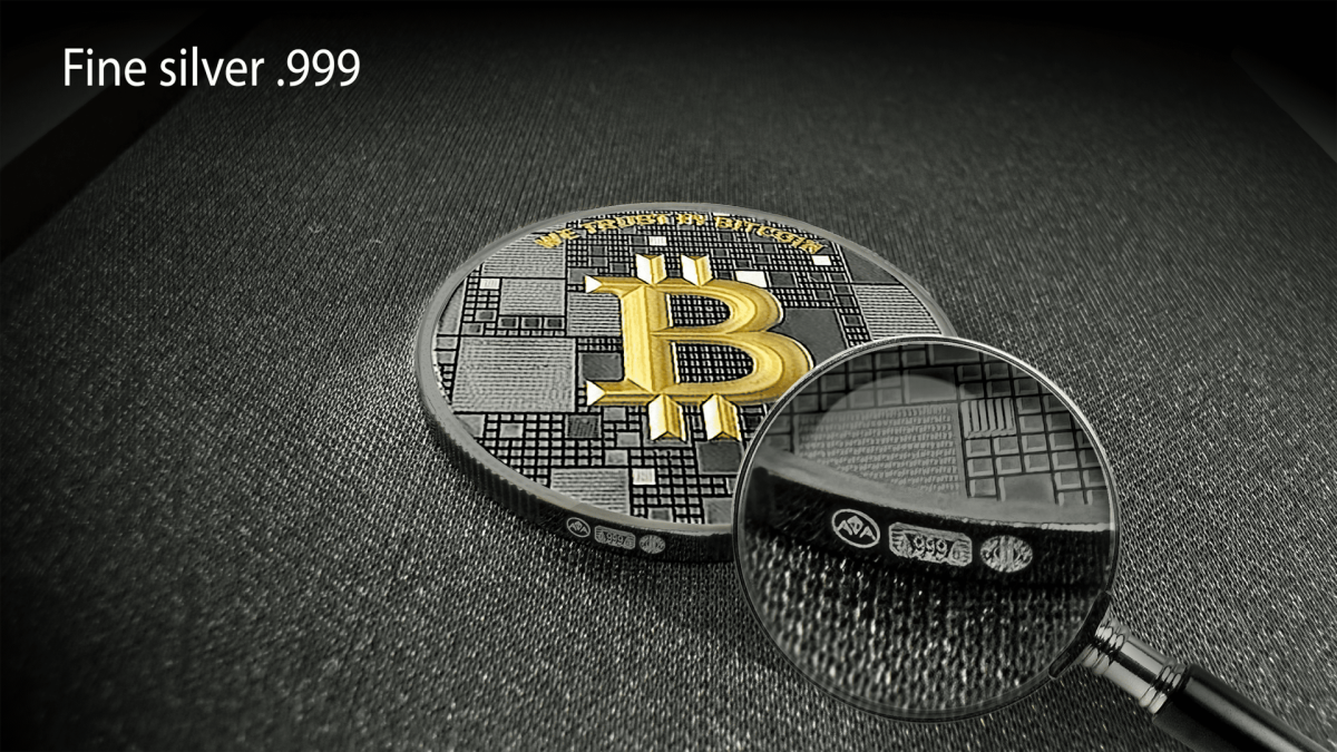 Bitcoin stříbrná medaile 1000 SATS černé ruthenium + zlato |  Satoshi-Silver.cz