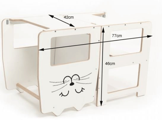 Dětská učící věž 3v1 s kreslící tabulí rozložitelná na stoleček se židličkou - Kočička, Bílá