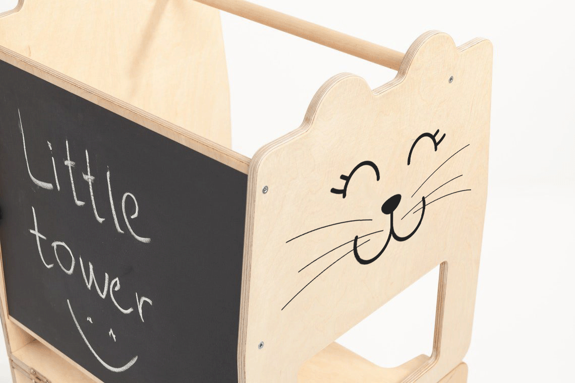 Dětská učící věž 3v1 s kreslící tabulí rozložitelná na stoleček se židličkou - Kočička, Přírodní