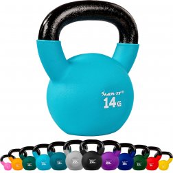 MOVIT® 14kg Kettlebell liatinová činka pokrytá neoprénom bledomodrá