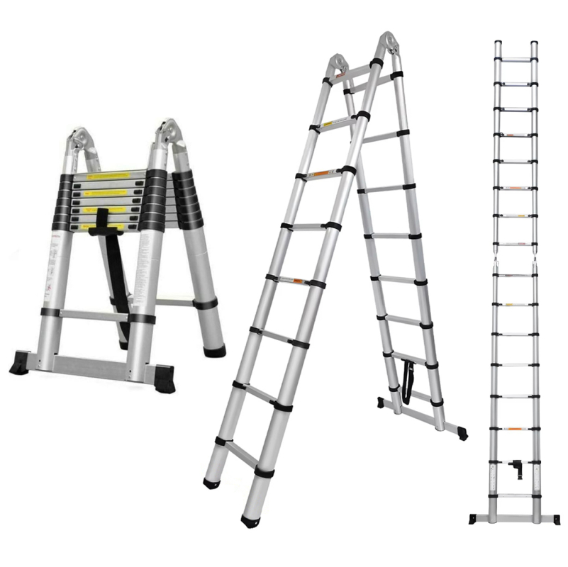 2v1 teleskopický dvojramenný rebrík / štafle s kĺbom - 5 m, hliníkový