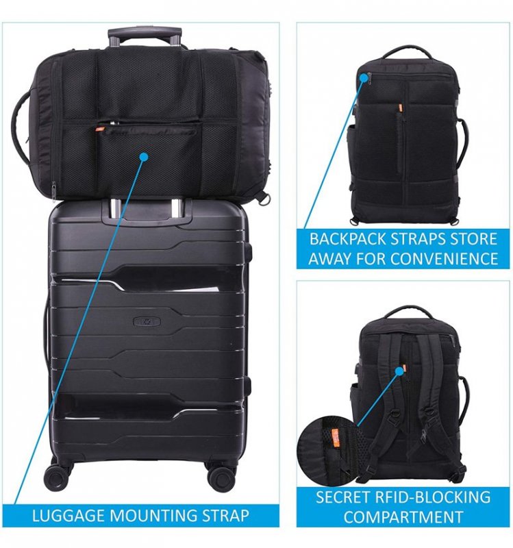 Aerolite BPMAX01 cestovní batoh 3v1 RFID USB YKK 55x35x20 cm 39 l černý